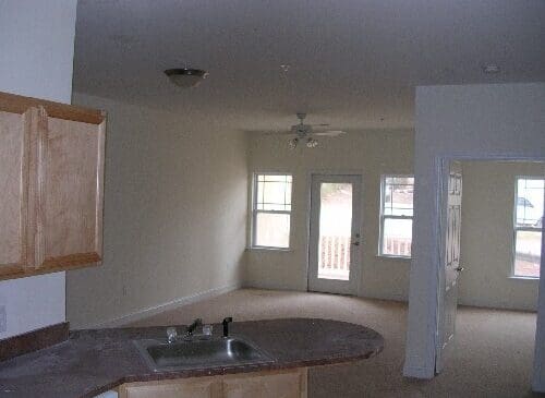 Empty apartment interior with kitchen and living area