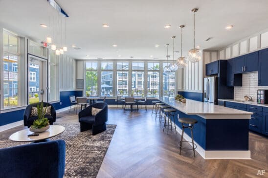 Modern apartment clubhouse kitchen and lounge area